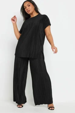 Yours Curve Black Plisse Wide Leg Trousers