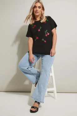 Yours Curve Black Sequin Embellished Cherry T-Shirt