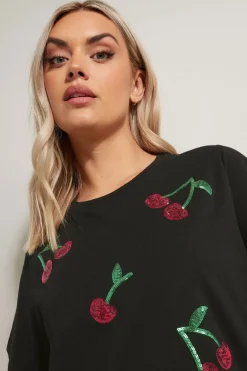 Yours Curve Black Sequin Embellished Cherry T-Shirt