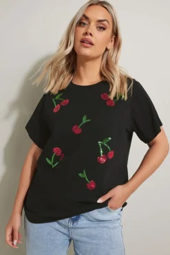 Yours Curve Black Sequin Embellished Cherry T-Shirt