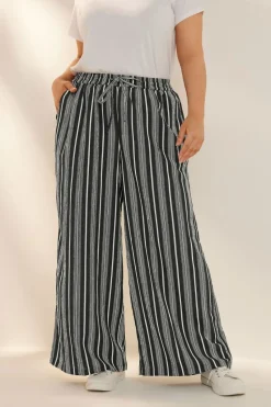 Yours Curve Black Stripe Textured Wide Leg Trousers