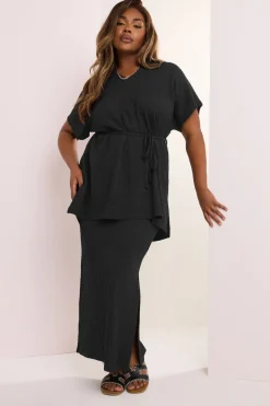 Yours Curve Black Textured Side Split Maxi Skirt