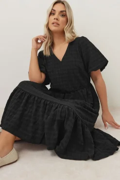 Yours Curve Black Textured Tiered Midi Dress