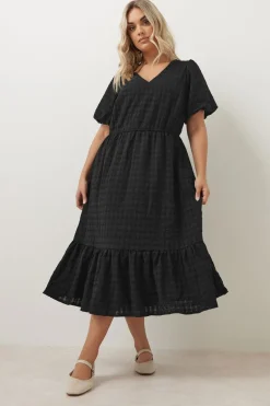Yours Curve Black Textured Tiered Midi Dress