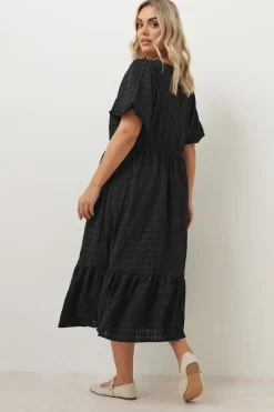 Yours Curve Black Textured Tiered Midi Dress