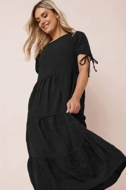 Yours Curve Black Textured Ditsy Floral Tie Back Dress