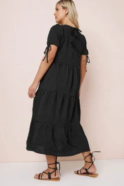 Yours Curve Black Textured Ditsy Floral Tie Back Dress