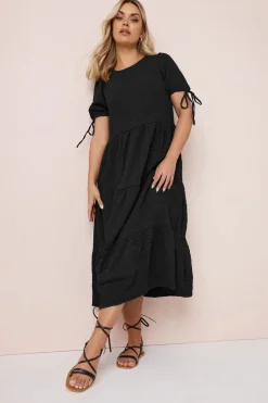 Yours Curve Black Textured Ditsy Floral Tie Back Dress