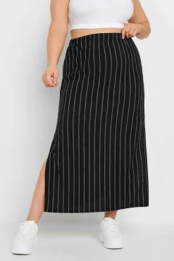 Yours Curve Black Textured Pinstripe Maxi Skirt