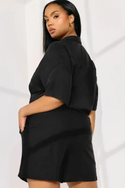 Yours Curve Black Tie Front Linen Shorts