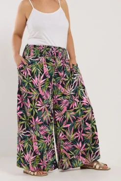 Yours Curve Black Tropical Print Shirred Wide Leg Trousers