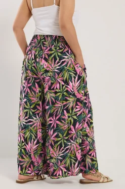 Yours Curve Black Tropical Print Shirred Wide Leg Trousers