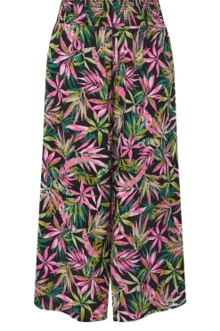 Yours Curve Black Tropical Print Shirred Wide Leg Trousers