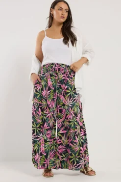 Yours Curve Black Tropical Print Shirred Wide Leg Trousers