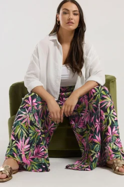 Yours Curve Black Tropical Print Shirred Wide Leg Trousers