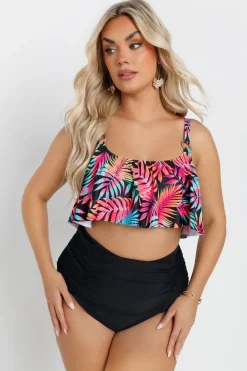 Yours Curve Black Tropical Print Frill Bikini Top