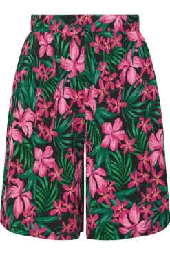 Yours Curve Black Tropical Floral Print Jersey Shorts
