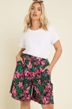 Yours Curve Black Tropical Floral Print Jersey Shorts