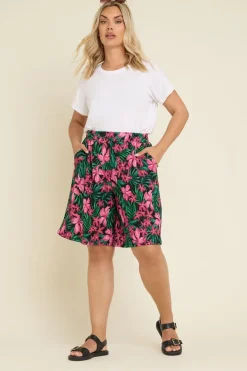 Yours Curve Black Tropical Floral Print Jersey Shorts