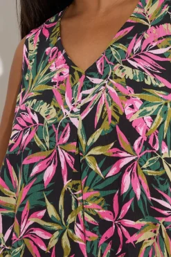 Yours Curve Black Tropical Leaf Pleat Front Vest Top