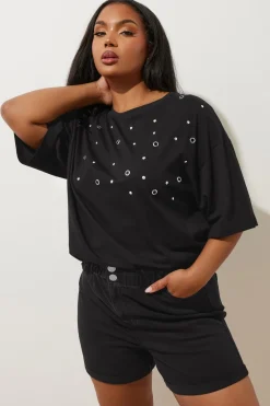 Yours Curve Black Washed Elasticated Waist Turn Up Denim Shorts