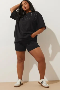 Yours Curve Black Washed Elasticated Waist Turn Up Denim Shorts