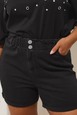 Yours Curve Black Washed Elasticated Waist Turn Up Denim Shorts