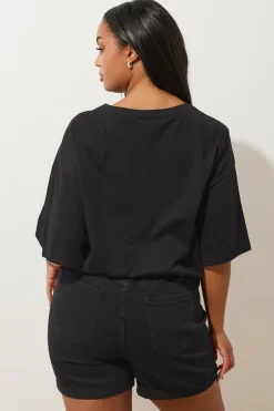 Yours Curve Black Washed Elasticated Waist Turn Up Denim Shorts