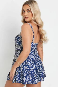 Yours Curve Blue Abstract Print Tie Front Swimdress