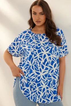 Yours Curve Blue Abstract Floral Print Boxy Short Sleeve Blouse