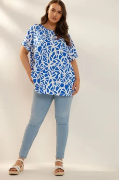 Yours Curve Blue Abstract Floral Print Boxy Short Sleeve Blouse
