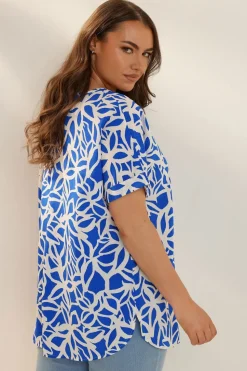 Yours Curve Blue Abstract Floral Print Boxy Short Sleeve Blouse