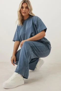 Yours Curve Blue Acid Wash Wide Leg Joggers