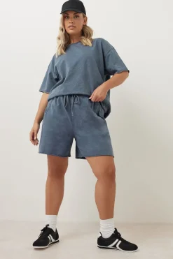 Yours Curve Blue Acid Wash Sweat Jogger Shorts