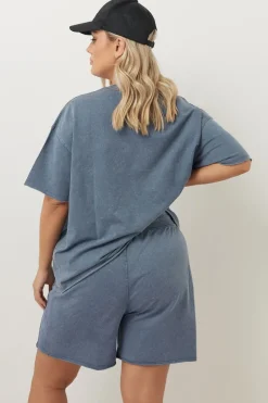 Yours Curve Blue Acid Wash Sweat Jogger Shorts