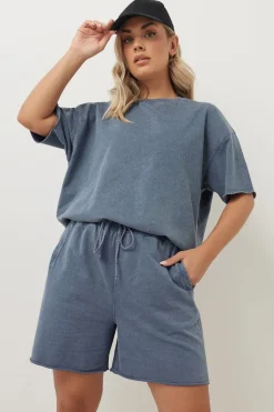 Yours Curve Blue Acid Wash Sweat Jogger Shorts
