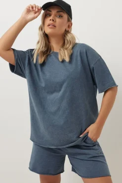 Yours Curve Blue Acid Wash Oversized Sweat T-Shirt