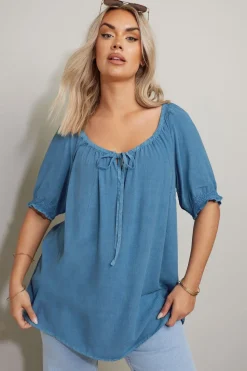 Yours Curve Blue Chambray Tie Neck Top