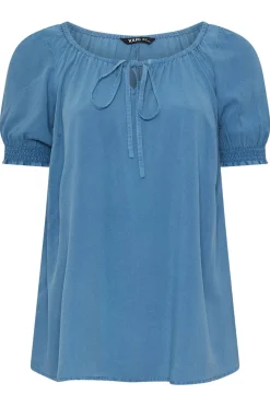 Yours Curve Blue Chambray Tie Neck Top