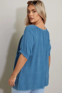 Yours Curve Blue Chambray Tie Neck Top