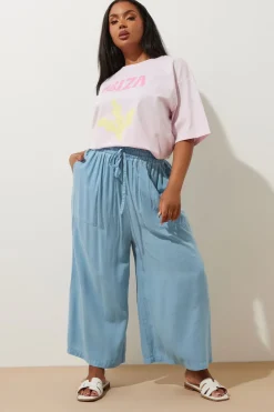 Yours Curve Blue Chambray Tie Front Culottes