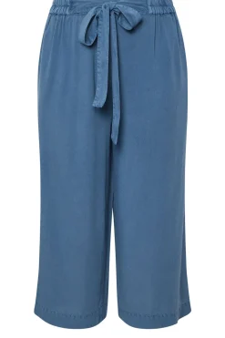 Yours Curve Blue Chambray Tie Waist Cropped Trousers