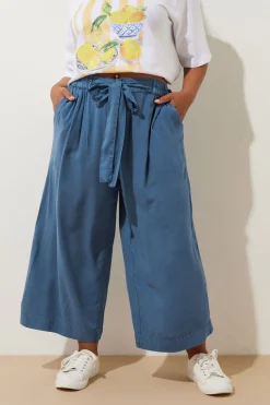 Yours Curve Blue Chambray Tie Waist Cropped Trousers