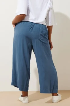 Yours Curve Blue Chambray Tie Waist Cropped Trousers