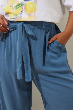 Yours Curve Blue Chambray Tie Waist Cropped Trousers