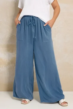 Yours Curve Blue Chambray Tie Front Wide Leg Trousers