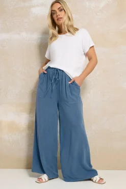 Yours Curve Blue Chambray Tie Front Wide Leg Trousers