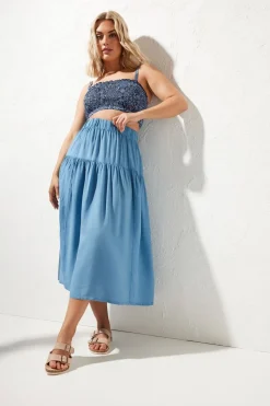 Yours Curve Blue Chambray Tiered Midi Skirt