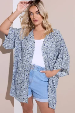 Yours Curve Blue Ditsy Floral Crochet Kimono