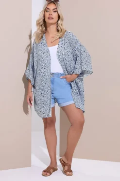 Yours Curve Blue Ditsy Floral Crochet Kimono